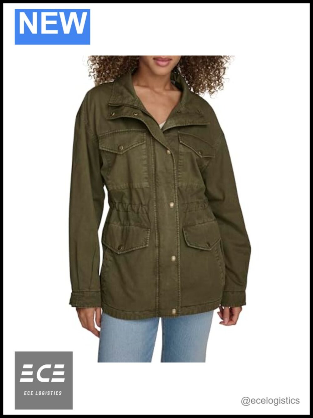 Women's Military Jacket 4-Pocket Stand Collar Zip Snap Utility Coat